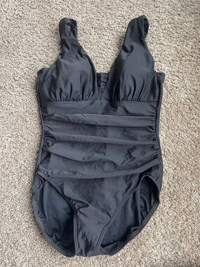 Lands' End Black Ruched One-Piece Swimsuit Size 14